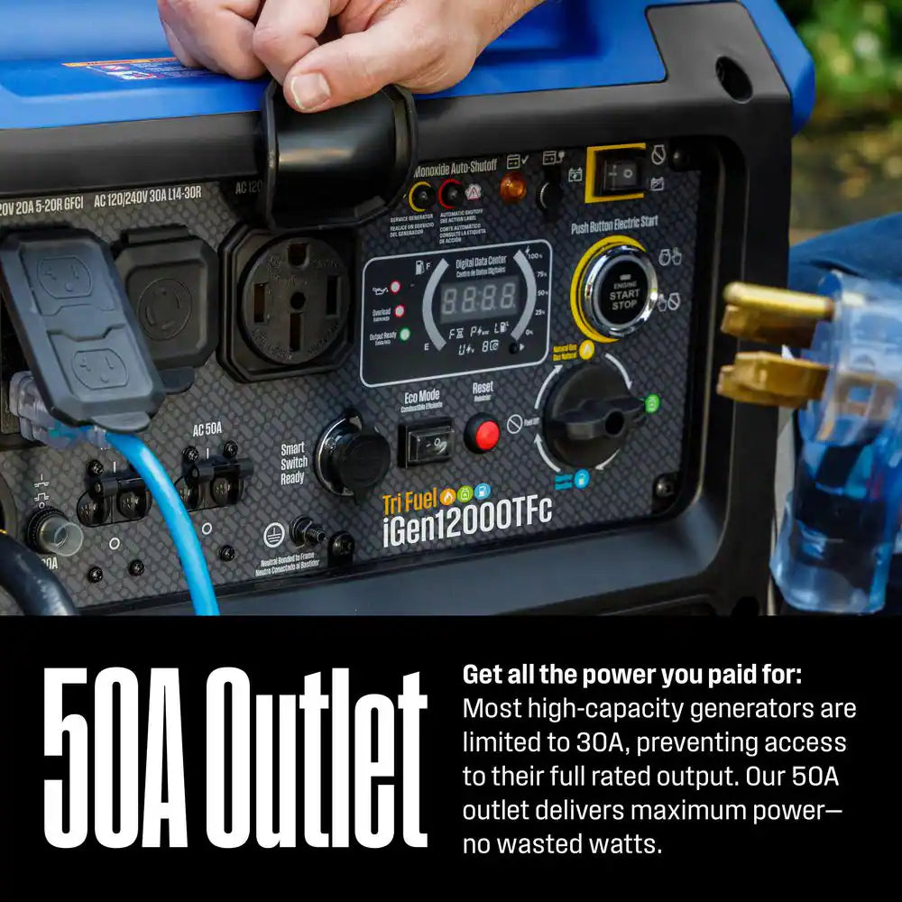 12,000-Watt Remote Electric Start Tri Fuel Gas, Propane, Natural Gas Powered Inverter Generator with CO Sensor