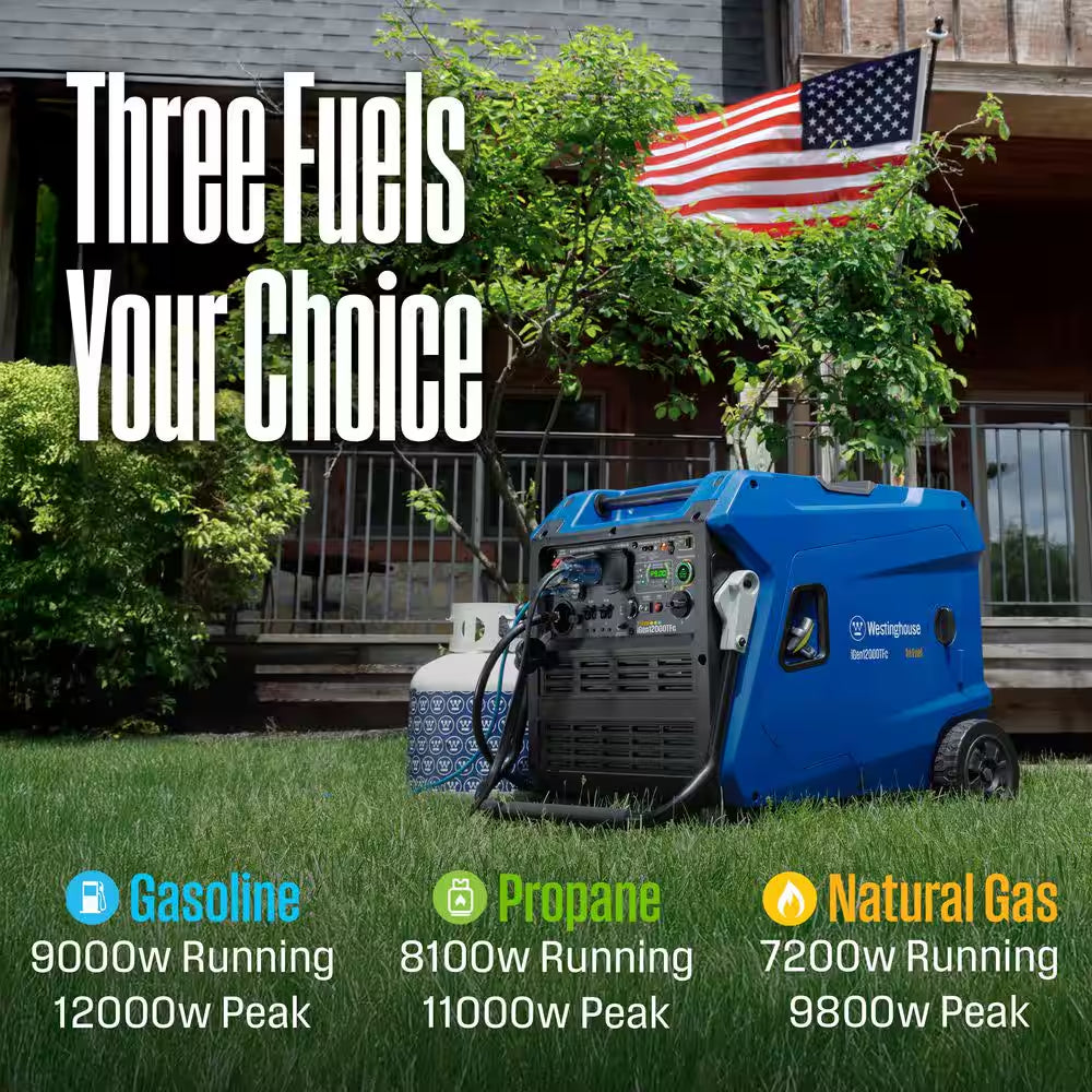 12,000-Watt Remote Electric Start Tri Fuel Gas, Propane, Natural Gas Powered Inverter Generator with CO Sensor