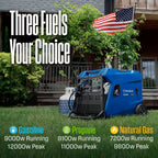12,000-Watt Remote Electric Start Tri Fuel Gas, Propane, Natural Gas Powered Inverter Generator with CO Sensor