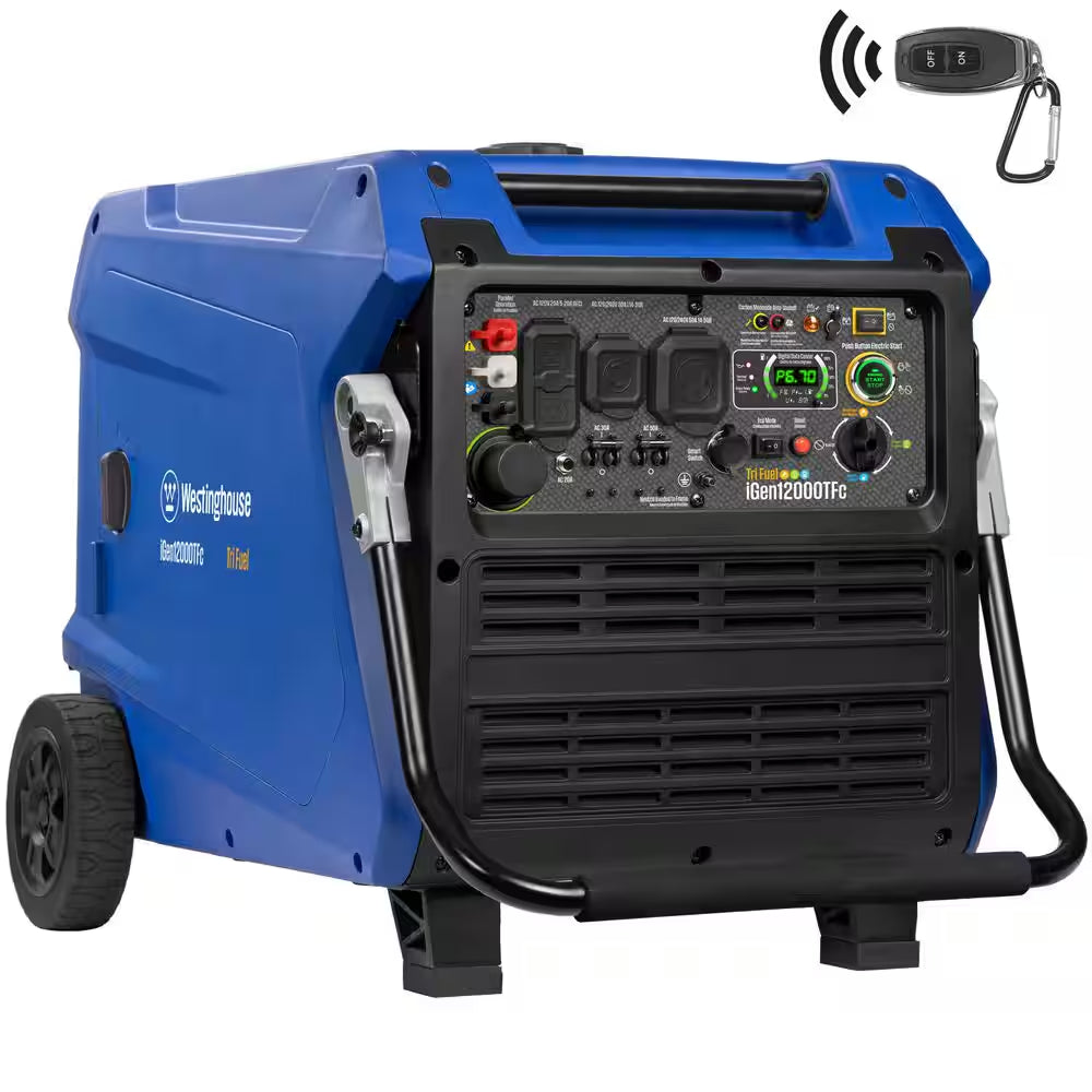 12,000-Watt Remote Electric Start Tri Fuel Gas, Propane, Natural Gas Powered Inverter Generator with CO Sensor