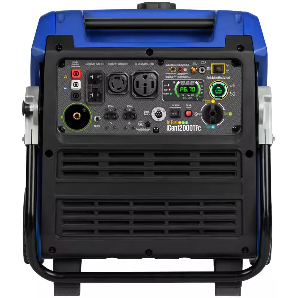 12,000-Watt Remote Electric Start Tri Fuel Gas, Propane, Natural Gas Powered Inverter Generator with CO Sensor